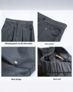 Rivet design Korean aesthetic pants with slim pleats, slant pockets, and elastic waist.