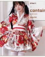 Red harajuku aesthetic yukata with floral pattern, featuring a kimono belt.