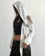 White hooded cut out top with open sleeves. Gothic aesthetic top.