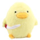 Kawaii little duck with knife plush, soft yellow toy with a white knife.