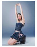 High Waist French Style Bow Skirt - Y2K Aesthetic denim skirt with ruffles and bow detail.