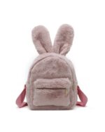 Pink plushie rabbit backpack with ears and a zipper pocket.