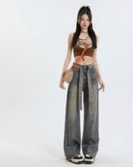High Waist Long Jeans - Y2K Aesthetic, wide-leg denim pants, casual style.