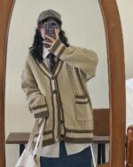 Knitwear Loose Coat - Preppy Aesthetic cardigan, worn by a woman in a mirror reflection.