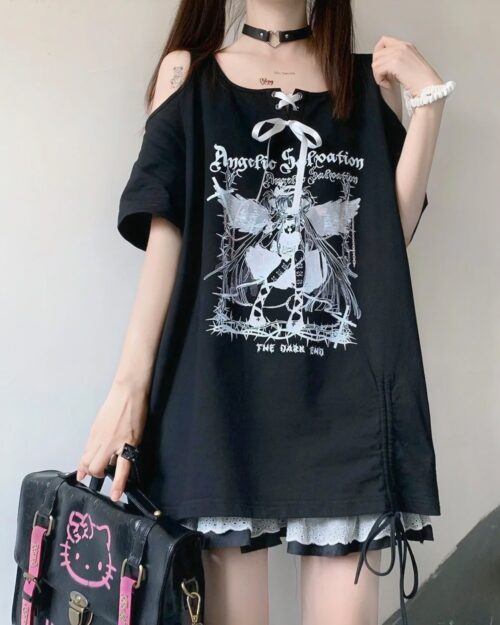 Dark Angel Oversized Tee - Gothic Lolita Aesthetic