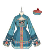 Jiangshi lolita costume featuring a teal dress with gold detailing and a matching hat.