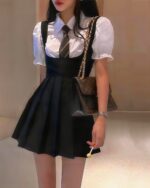 Little Black Dress - Korean Aesthetic, a pleated mini dress with a bodice and suspenders.