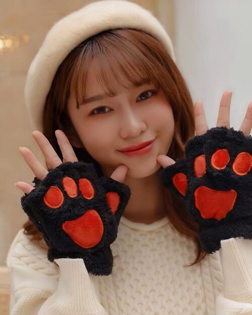 Black kawaii neko gloves with orange cat paw details, fingerless hand warmers.