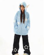 Light blue harajuku hoodie with star and ear details, thick plush fabric.