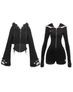 Black cat jumpsuit set featuring a hooded jacket and matching jumpsuit with cat ear accents.