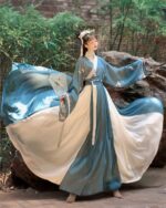 Jade Ruqun Hanfu Long Dress, a flowing blue and white traditional Chinese garment worn outdoors.