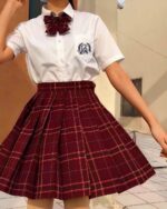 Red and black jk plaid skirt with a pleated design, kawaii clothes style.
