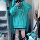 Turquoise Zipper Hoodie - Harajuku Streetwear word2