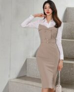 Elegant Fashion Hip Dress - Korean Aesthetic, a beige midi dress with a white shirt overlay and a belt.