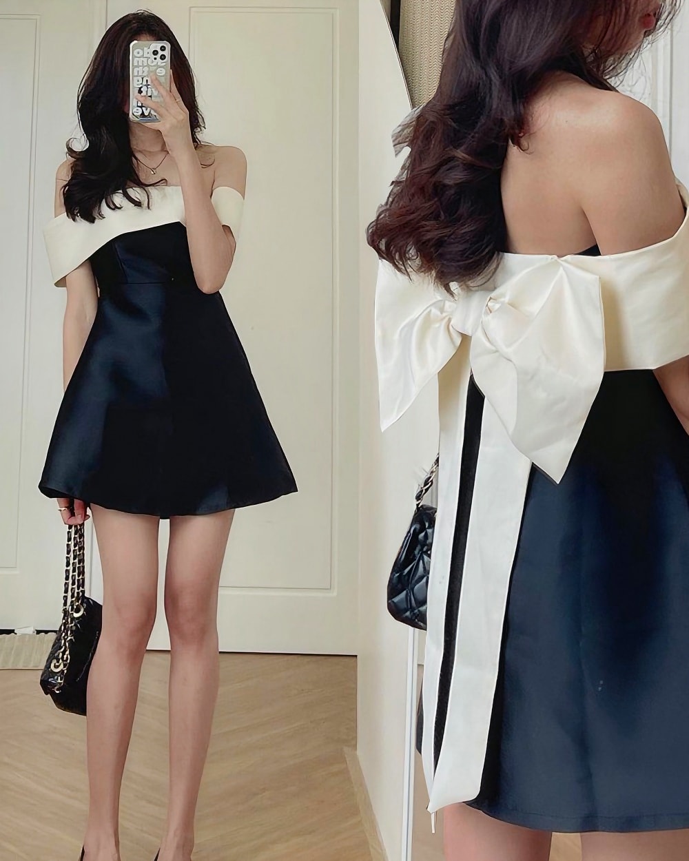 Black and white french aesthetic dress with a large bow detail on the back.