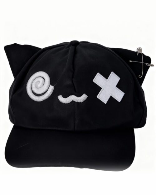 Black cat ear hat with embroidered face details, featuring a spiral, whisker, and eye design. Kuro Neko Cap.