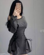 Off-shoulder slim fit grunge aesthetic dress with corset detailing and lace accents.