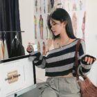 Off-the-shoulder Short Sweater - Retro Aesthetic word1