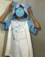Ghost Neko hooded t-shirt featuring a blue ghost neko design and Japanese text on a white tee.