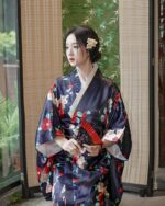 Satin-Fabric Light Kimono - Japanese Floral Design showcasing a woman in a traditional garment with floral patterns.