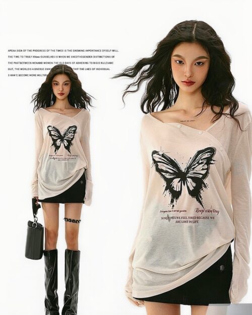 American Style Long Sleeve Thin T-shirt - FairyCore featuring a butterfly print design and text.