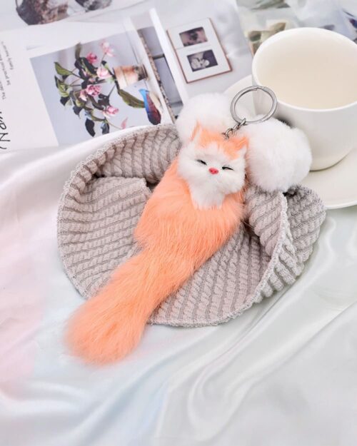 Korea Plush Little Fox Keychain – Orange plush fox with white pom-pom, hanging on a keyring.