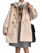 Light beige kawaii woolen coat with a hood and toggle closures, featuring a classic design.