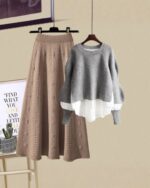 Korean aesthetic set: knitted skirt and sweater, textured cable design.