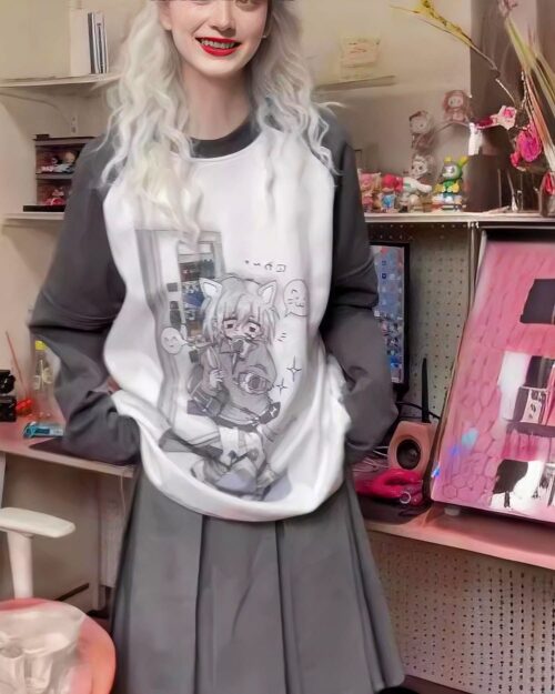 Saggy animecore aesthetic shirt featuring anime-style characters and graphic design.