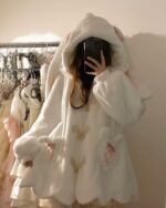 Fluffy rabbit ears hoodie with a hood, kawaii style clothing.