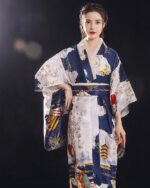 Satin Japanese kimono featuring a floral and landscape design, traditional style.