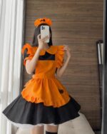 Cute Halloween Dress - Kawaii Aesthetic fashion, orange and black ruffled dress with matching headband.