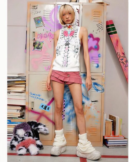 Model wearing a white sleeveless punk hoodie with a grunge aesthetic design, featuring graffiti-style artwork.