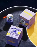 Kawaii Mini Spaceship Humidifier packaging featuring a spaceship and astronaut design, 220ml capacity.