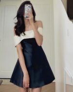 Black and white single bow french aesthetic dress, off-the-shoulder style.