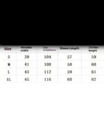 Size chart for the y2k aesthetic denim coat, showing measurements for S, M, L, and XL.