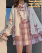 Japanese style soft girl cardigan set featuring a cardigan, shirt, skirt & pleated skirt.