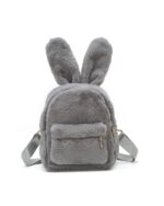Gray plushie rabbit backpack with ears and a pocket. Cute plushie rabbit backpack.