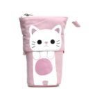 Kawaii cat pencil case, foldable and pink with zipper closure.