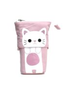 Kawaii cat pencil case, foldable and pink with zipper closure.