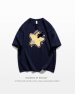 Dark blue scaredy-cat t-shirt with a cute star design and character.