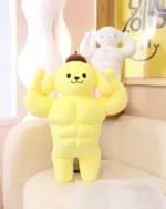 Sanrio muscular plushies featuring a yellow, strong dog plush toy with arm flexes.