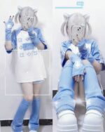 Sky Blue Gaming Tee - Harajuku Aesthetic worn by a model. Gamer girl shirt featuring a matching outfit.