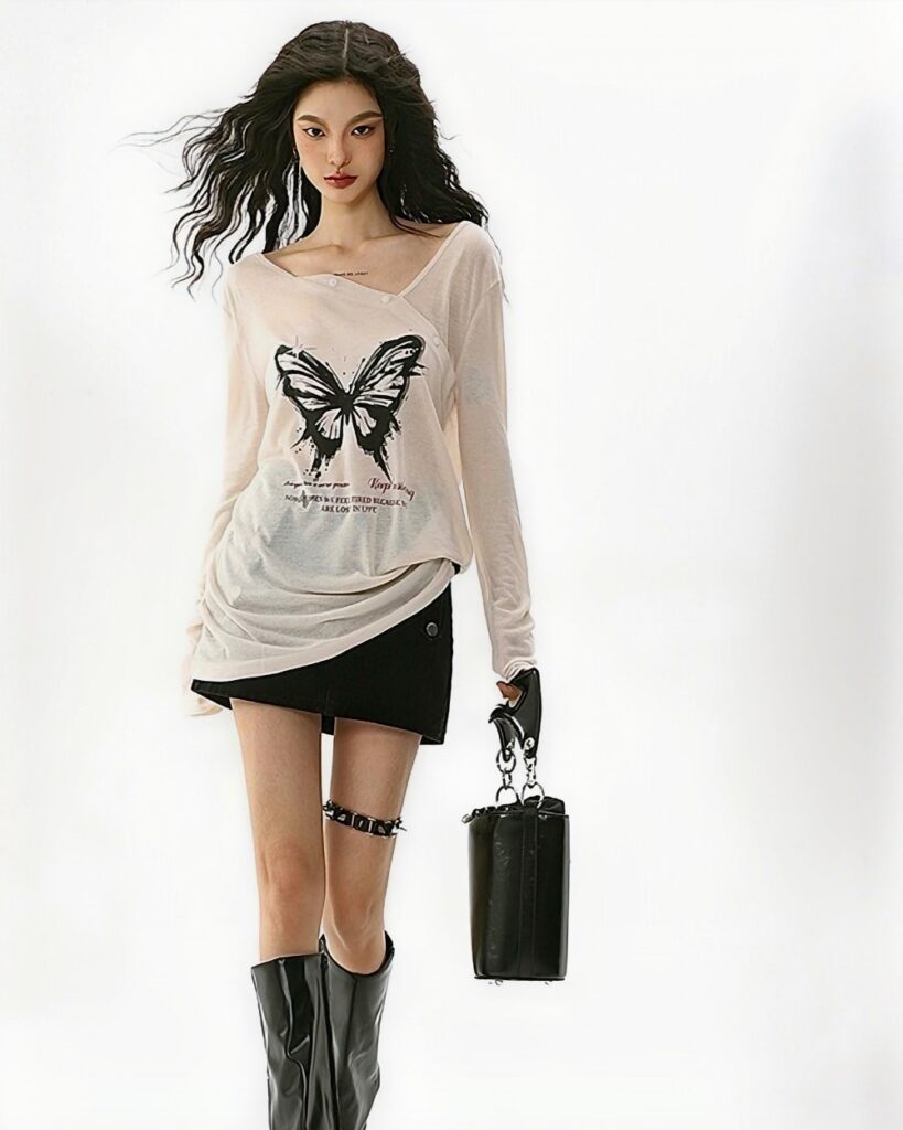 American Style Long Sleeve Thin T-shirt - FairyCore featuring a butterfly print.