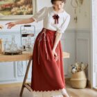 Retro Style Dress - Cottagecore aesthetic dress featuring a long, red skirt with lace trim and paired with a white blouse.