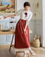 Retro Style Dress - Cottagecore aesthetic dress featuring a long, red skirt with lace trim and paired with a white blouse.