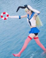 Kantai Collection shimakaze uniform set cosplay outfit with sailor uniform, lifebuoy, and striped stockings.