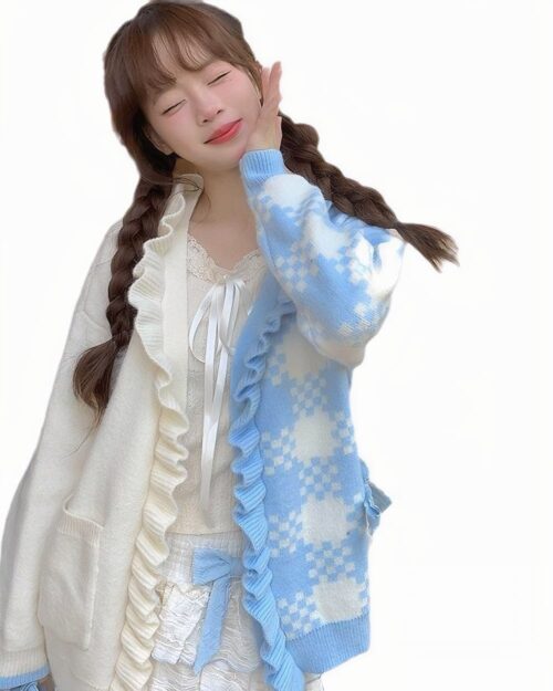 Milkshake aesthetic cardigan featuring a blue and white floral knit, with ruffles and a tie detail.
