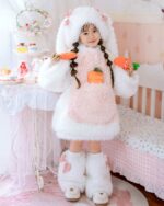 Child wearing an easter bunny costume with a pink dress, hat, and boots, holding carrots.