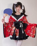 Woman wearing a red and white fox kimono with floral details, Japanese Lolita style.